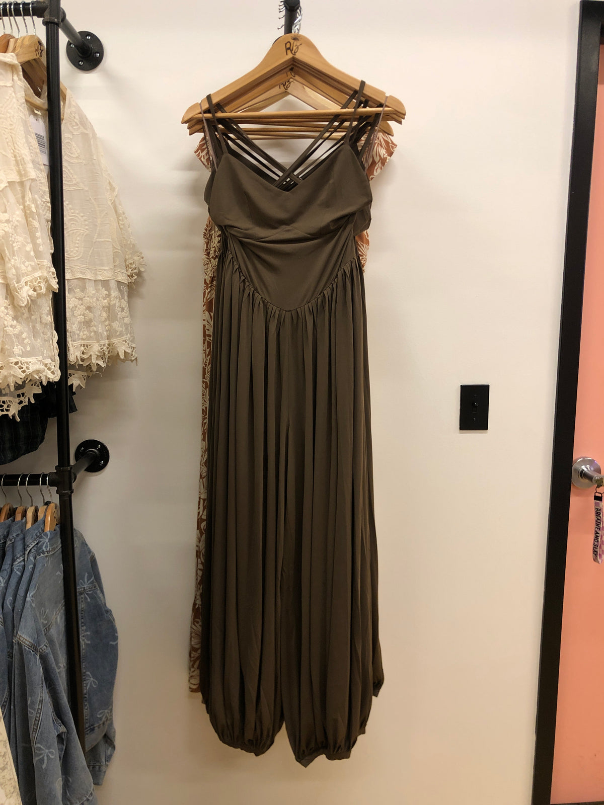V-Neck Relaxed Flowy Jumpsuit - Brown - LS